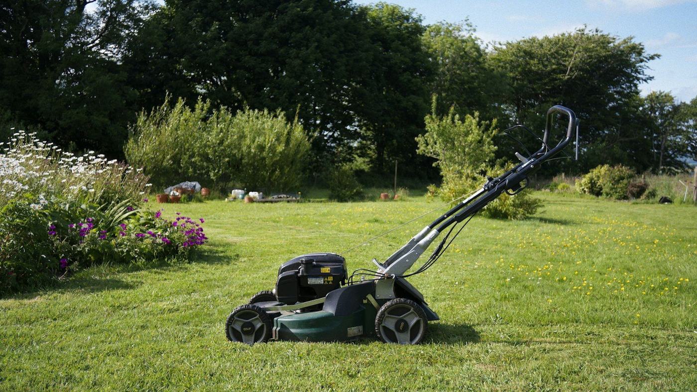 Rasenmäher auf einer gepflegten Rasenfläche im Garten